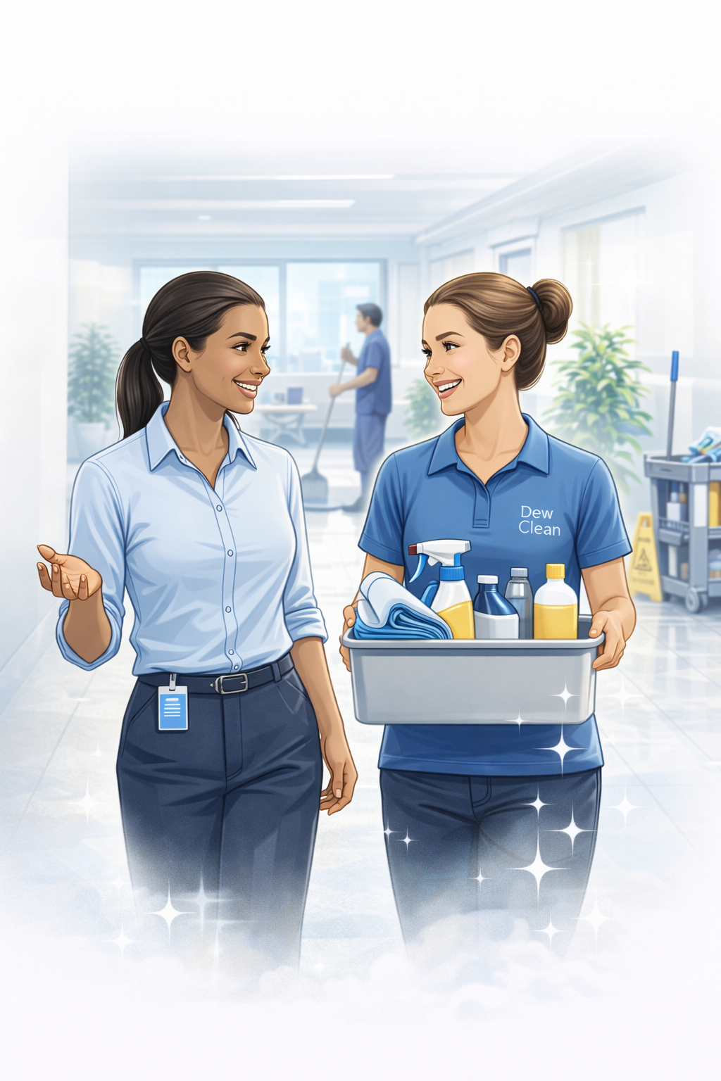 Dew Clean cleaning professionals discussing service in a commercial workspace