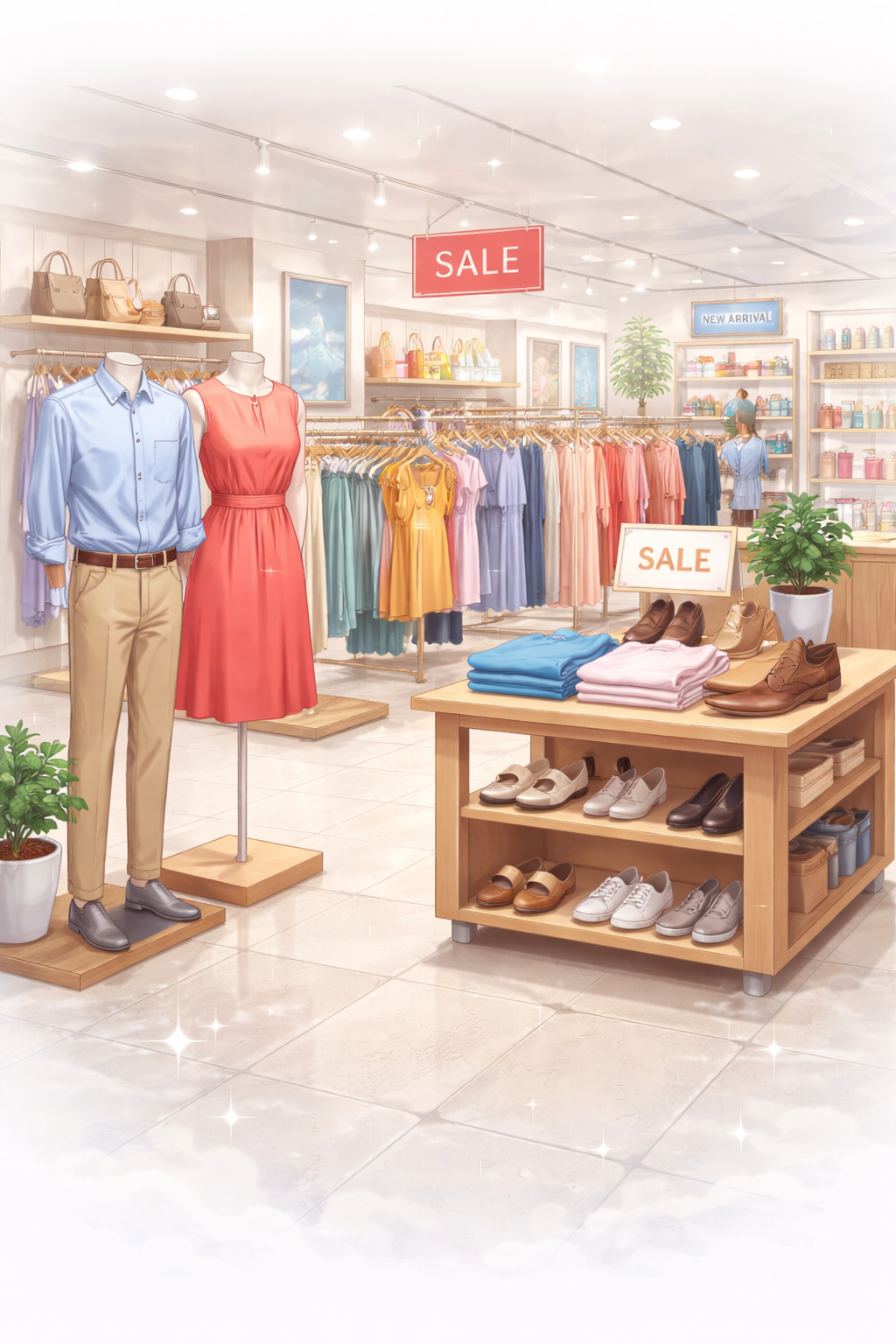 Retail clothing store interior with clean floors and organized displays