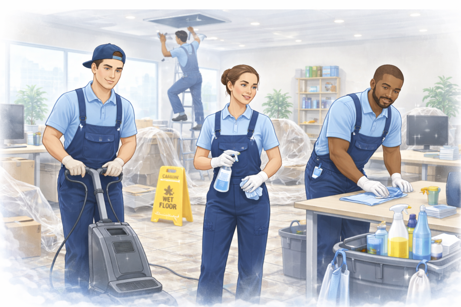 Commercial cleaning team performing a detailed deep cleaning service