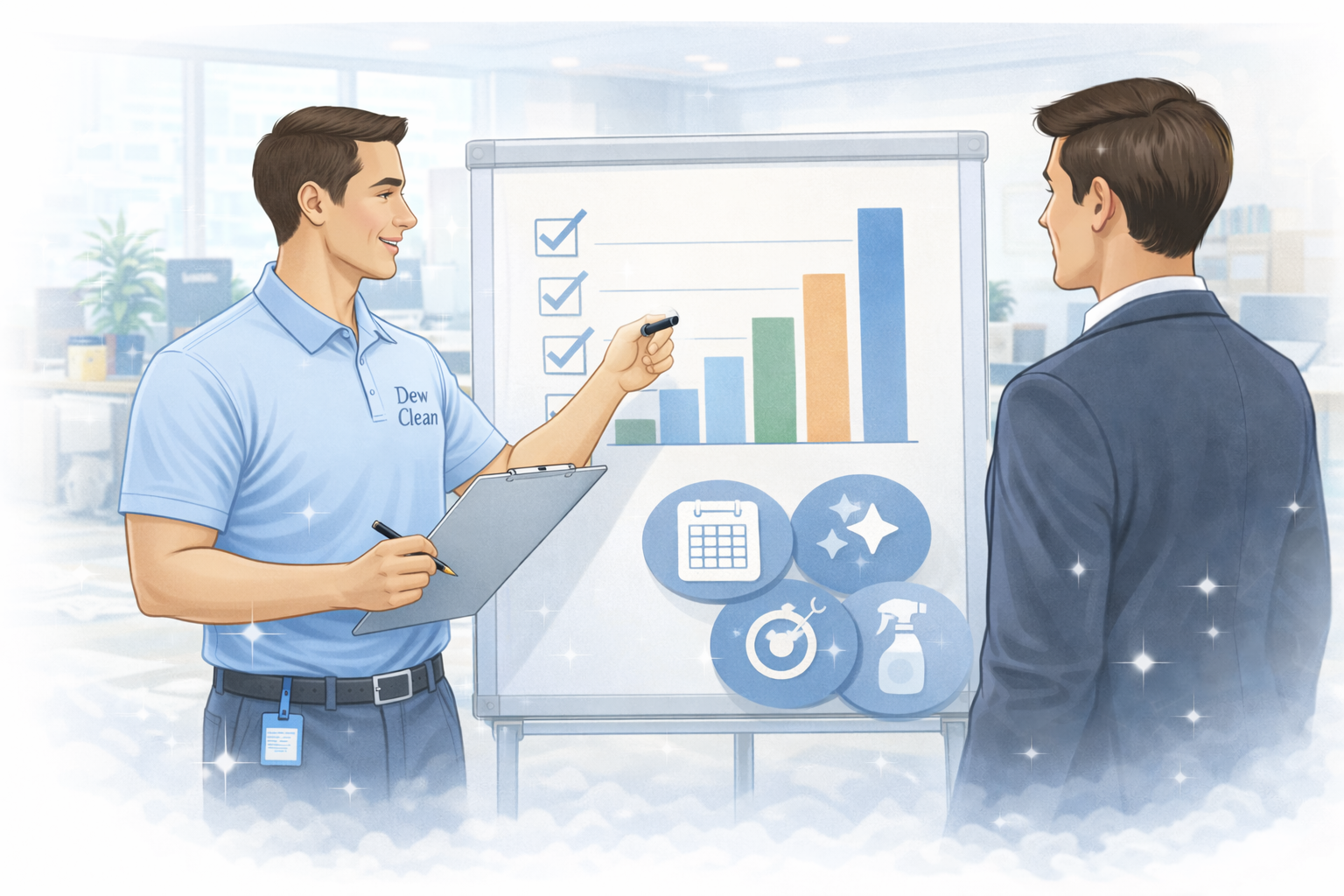 Commercial cleaning supervisor reviewing a customized cleaning plan with a client