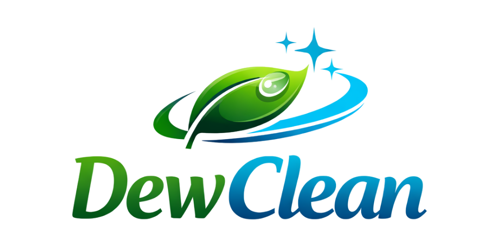The Dew Clean logo featuring a green leaf with a water droplet above the word 'Dew' in green and blue text.