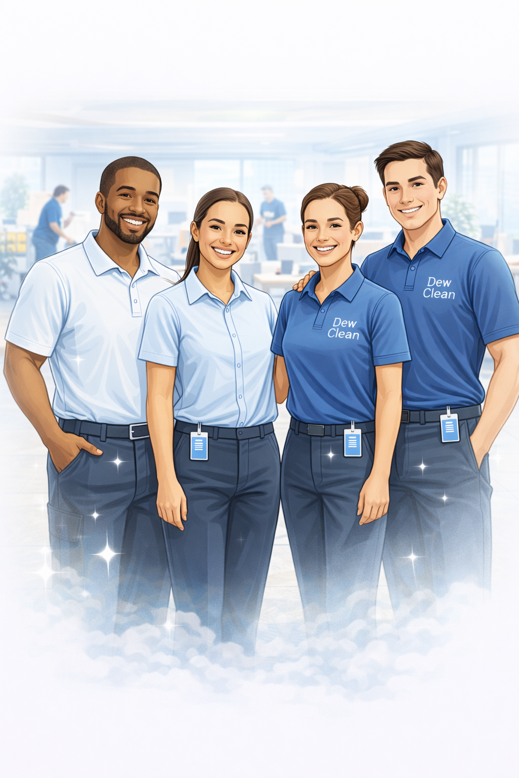 Dew Clean commercial cleaning team standing together in a bright office environment
