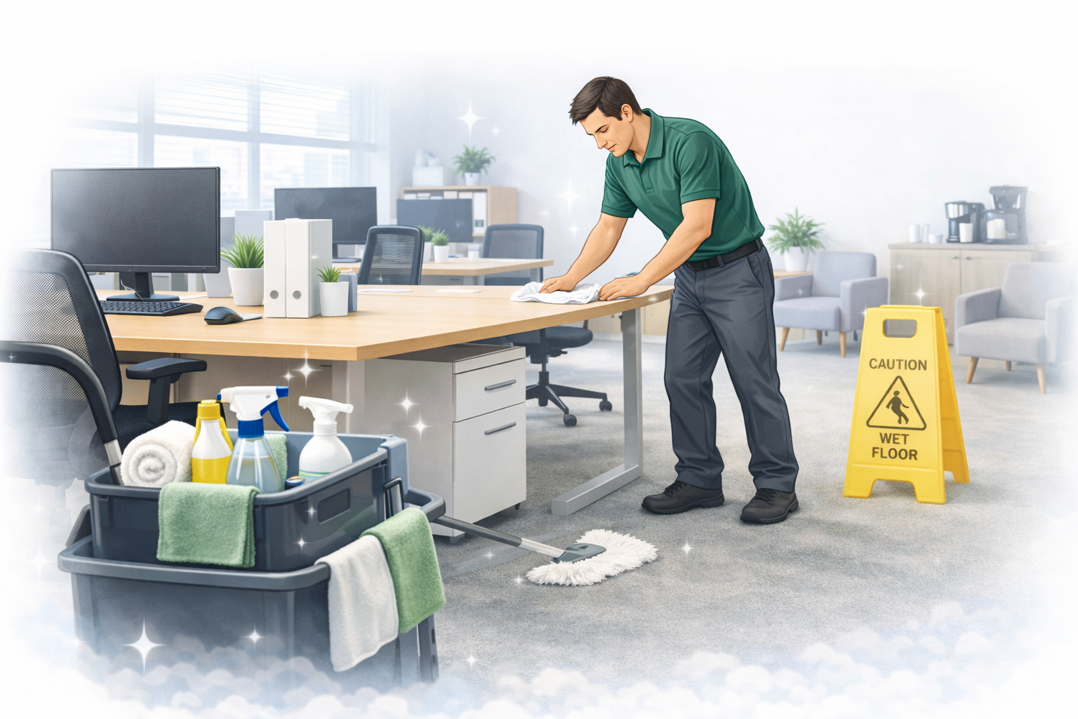 Professional cleaner sanitizing desks and workstations in an office