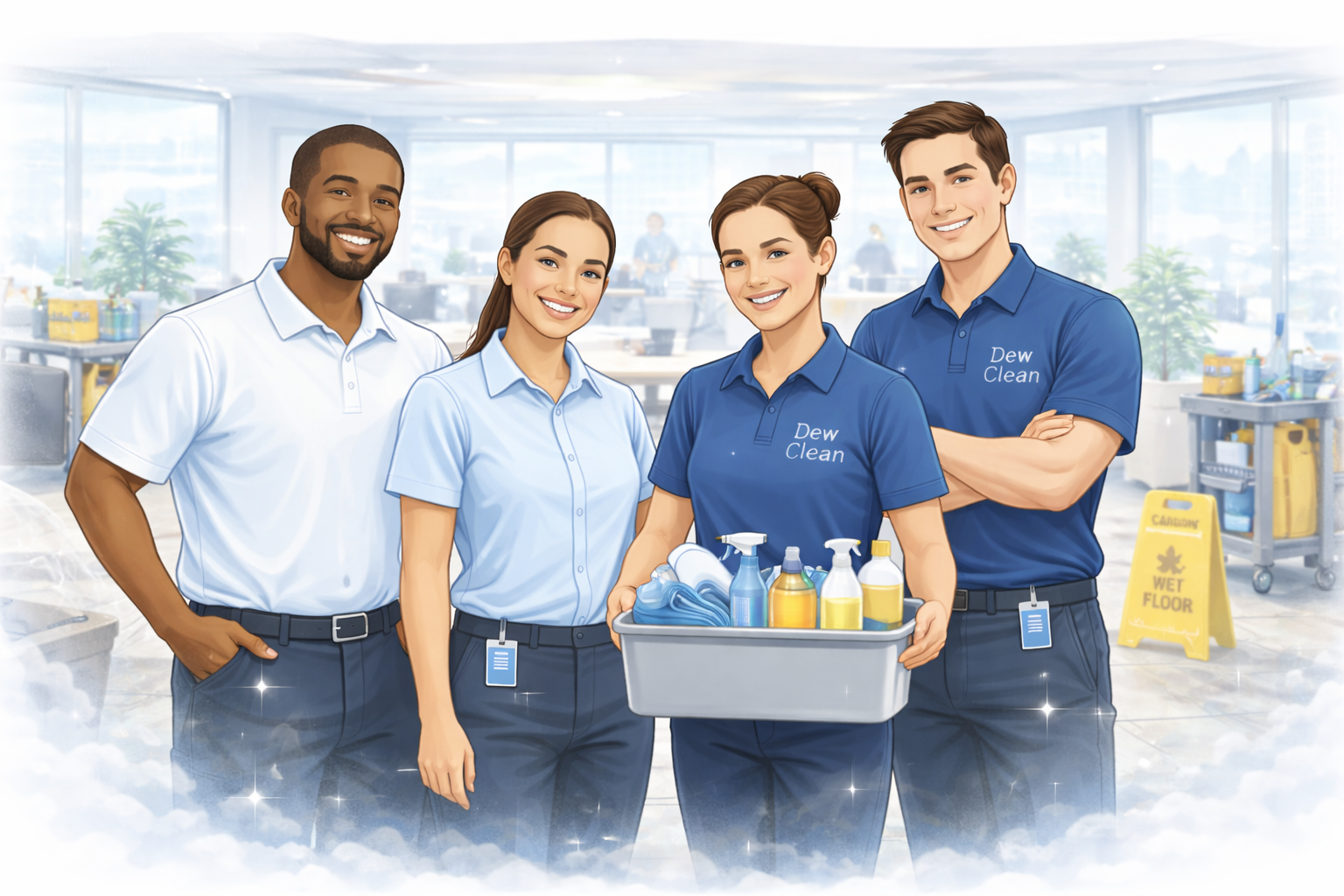 Dew Clean commercial cleaning team standing together in a bright office environment