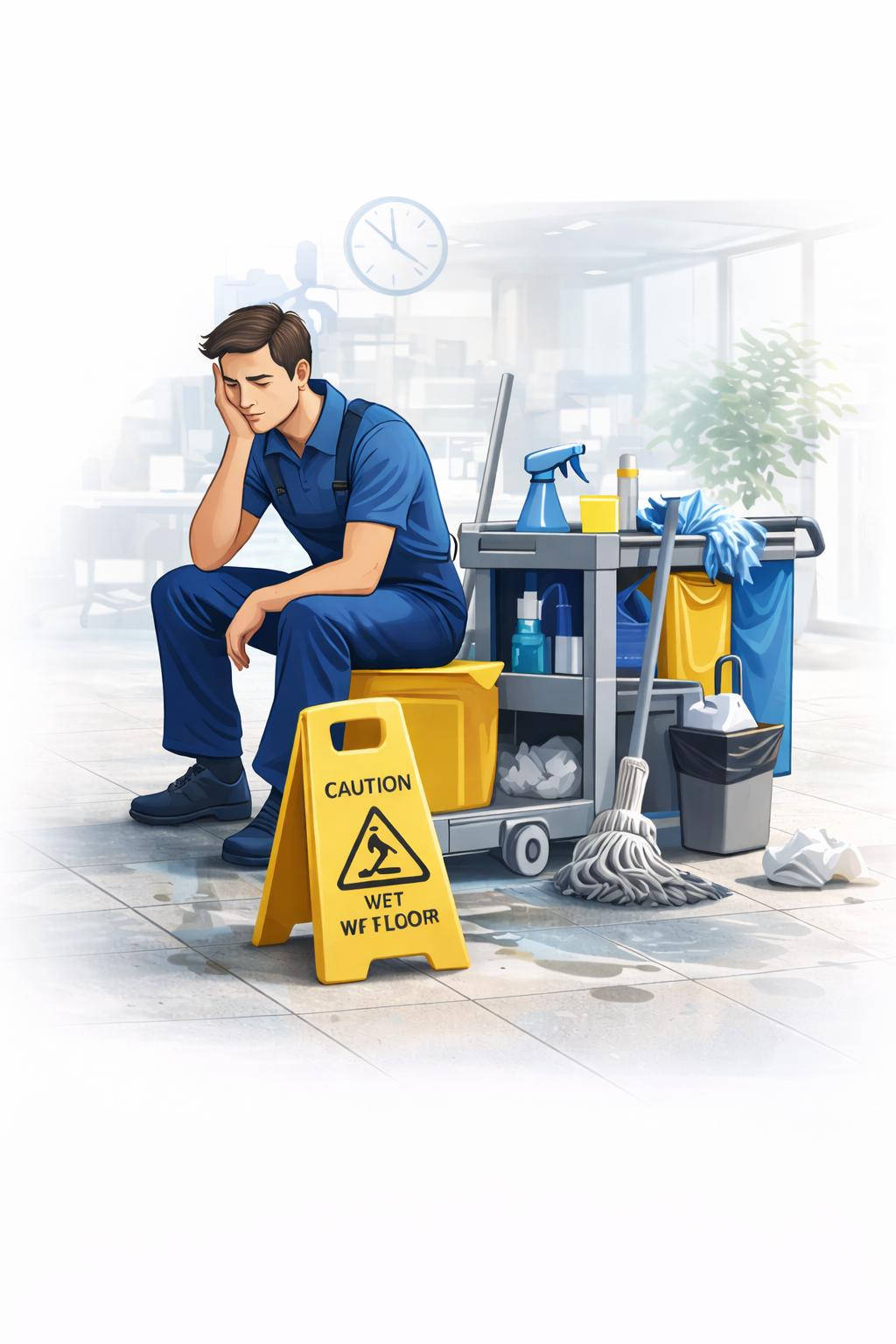 Office manager sitting beside cleaning supplies, representing inconsistent cleaning service