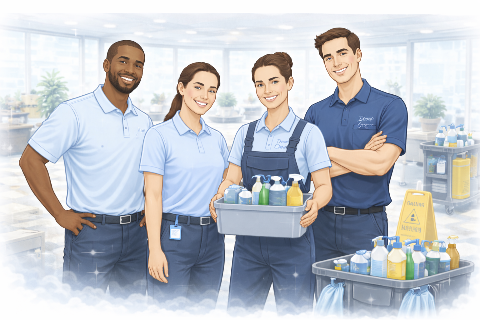 Dew Clean commercial cleaning team standing together in a bright office environment