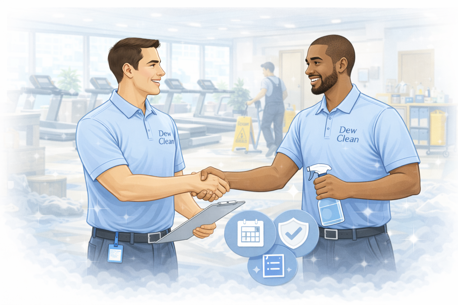 Two commercial cleaning professionals confirming service expectations in a clean workspace