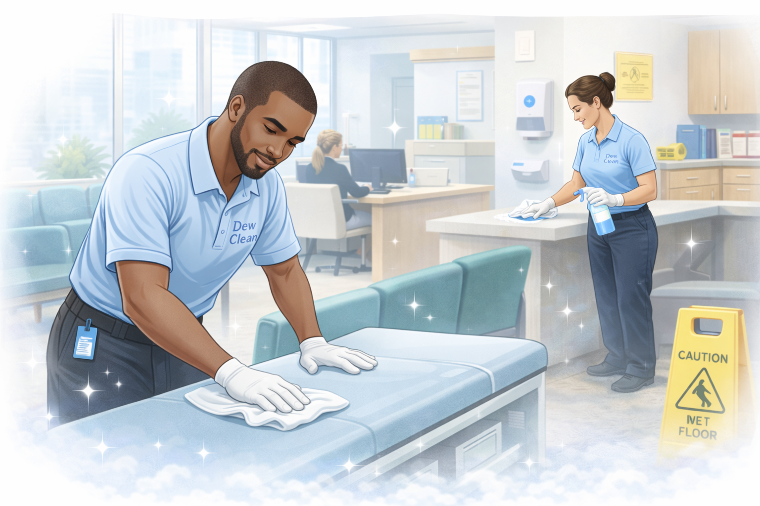 Commercial cleaner disinfecting surfaces in a medical office environment