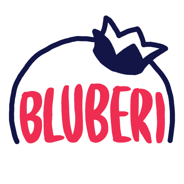 Stylized blueberry with the word "BLUBERI" in pink text.