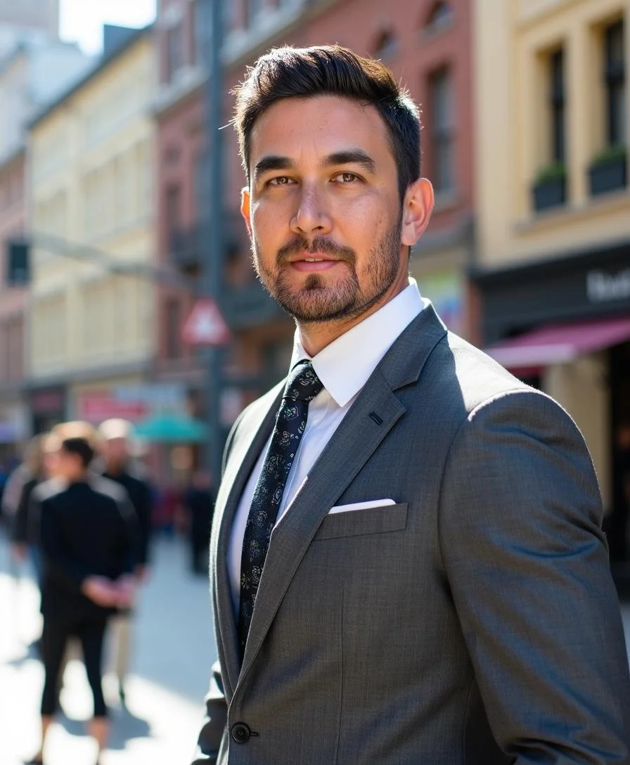 A man in a gray business suit, white shirt, and patterned tie standing outdoors in an urban area with colorful buildings and blurred pedestrians in the background.