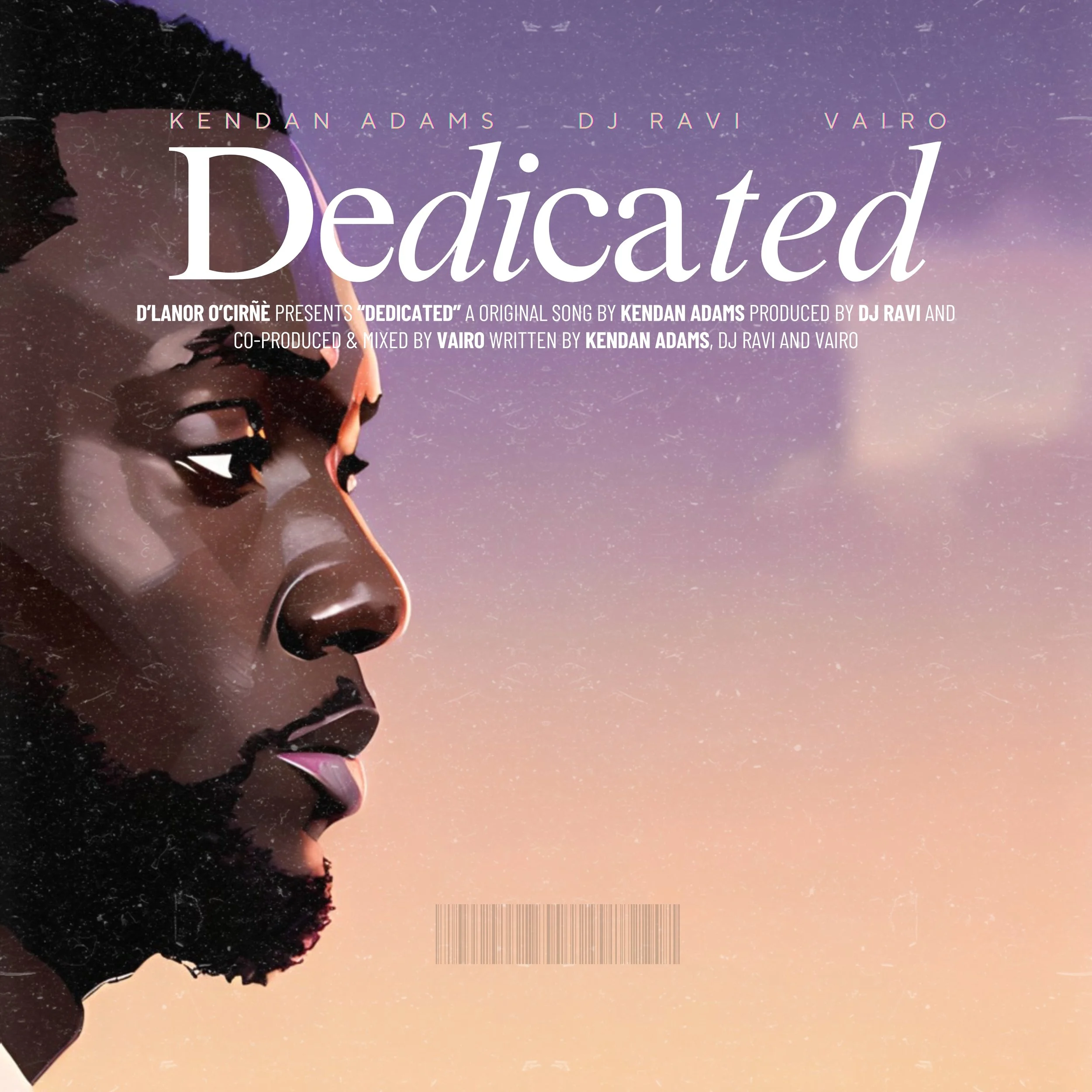 Album cover for a song titled 'Dedicated' by Kendan Adams. The cover features a side profile of a person's face against a purple and orange gradient sky with stars. The person's face is illustrated with reflective highlights and a textured appearance. The title 'Dedicated' is prominently displayed in large white text, with additional artist credits and production details in smaller white and purple text.