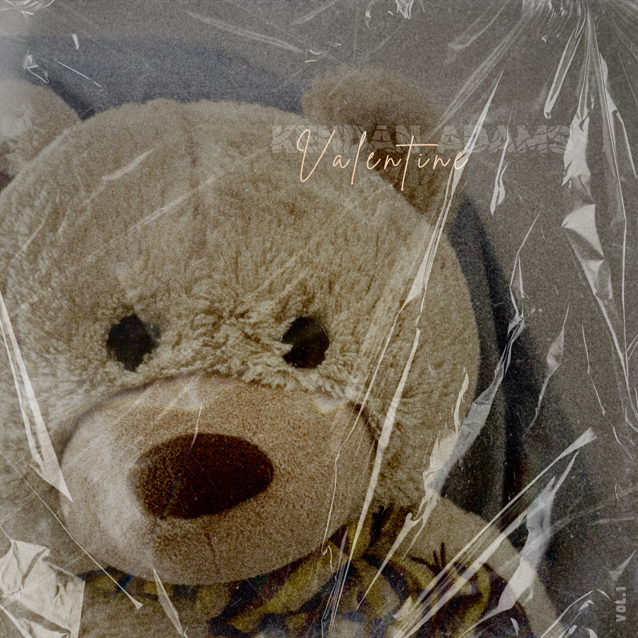 Cover Art of the "Valentines" EP by Kendan Adams. It contains A plush teddy bear wrapped in transparent cellophane packaging, with an overlay of the word 'Valentine' in cursive font.