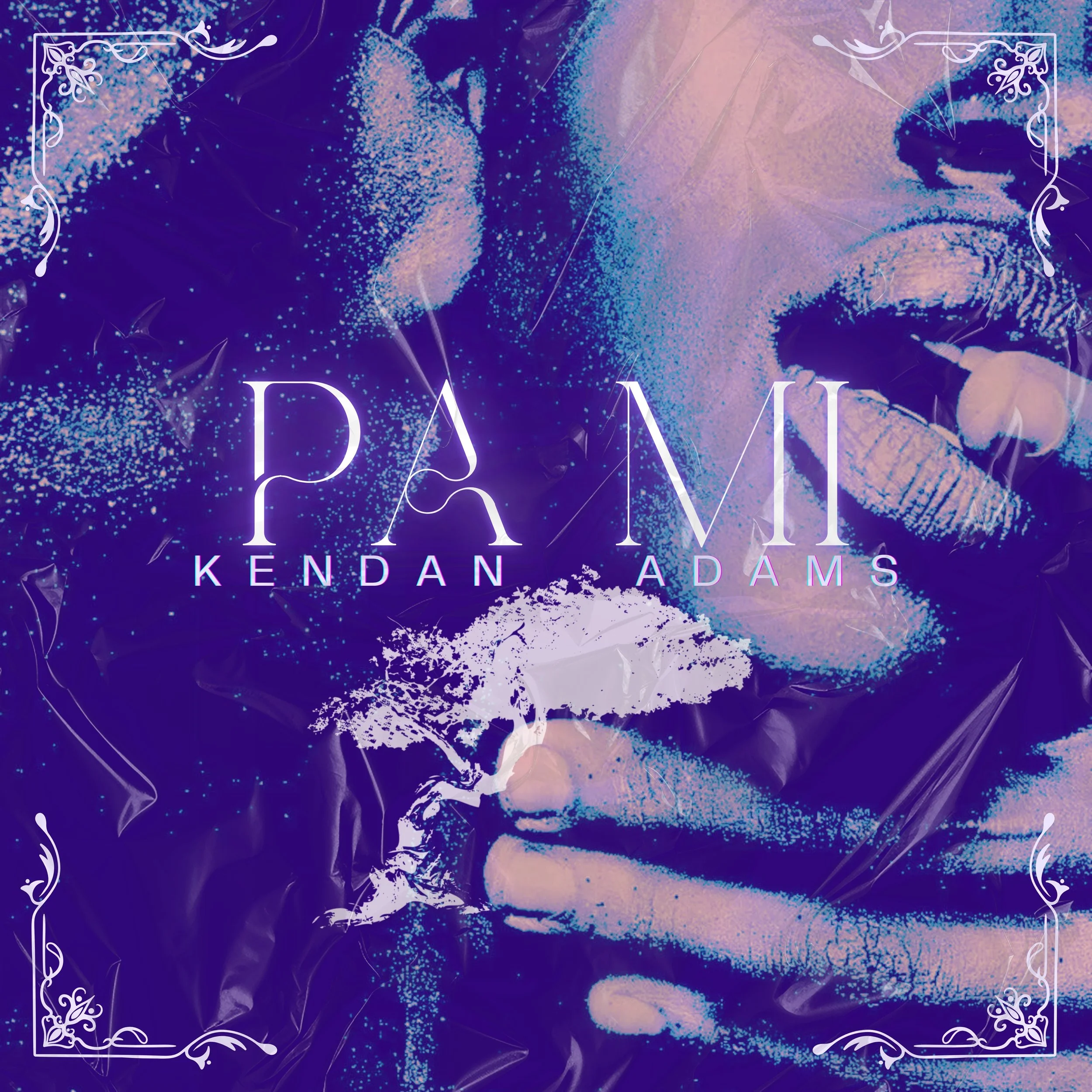 Cover art with a close-up of a woman's face and lips, featuring a color overlay of purple and pink hues, with the title 'PA MI', a single by Kendan Adams prominently displayed in elegant font.