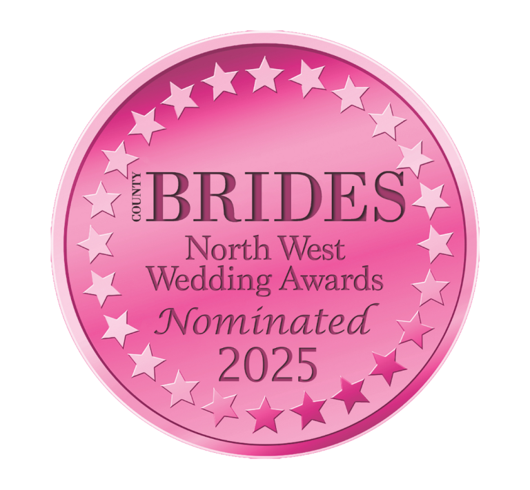 Pink circular badge with stars around the border, displaying text about the North West wedding awards, with 'BRIDES' as the prominent title, and mentions nominations for 2025.