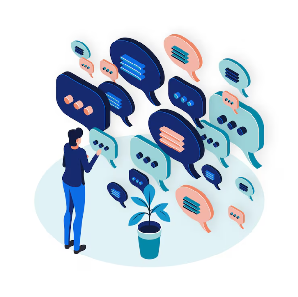 Une personne regarde un mur rempli de bulles de conversation illustrées en 3D, avec une plante en pot devant elle.