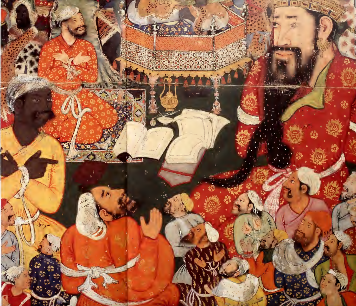 A colorful traditional Indian painting depicting a royal gathering with men dressed in vibrant clothes, turbans, and jewelry, sitting and listening to a central figure, with a throne and decorative elements in the background.