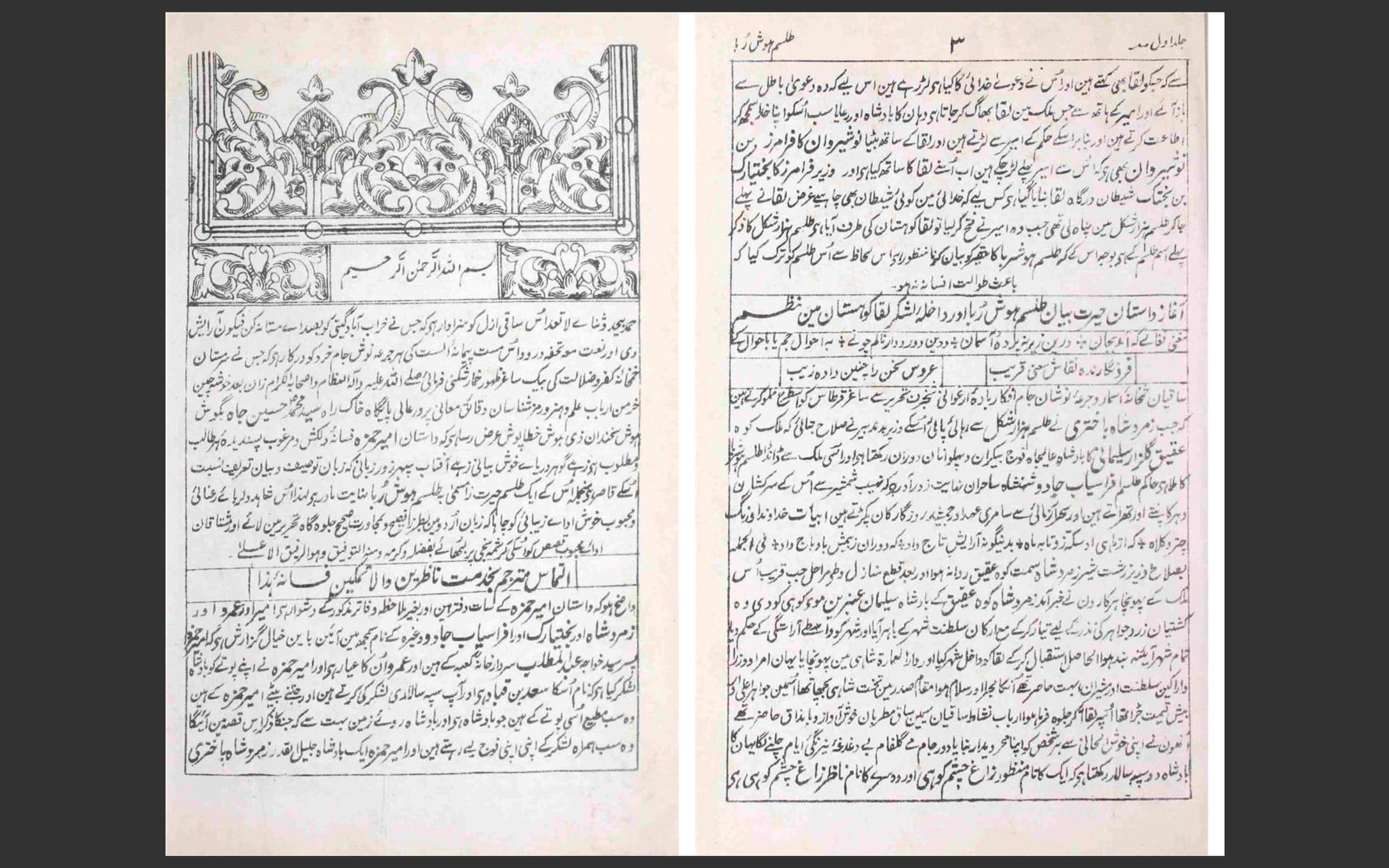 A scanned handwritten Urdu or Persian manuscript on paper, with intricate calligraphy and decorative motifs at the top of the left page.