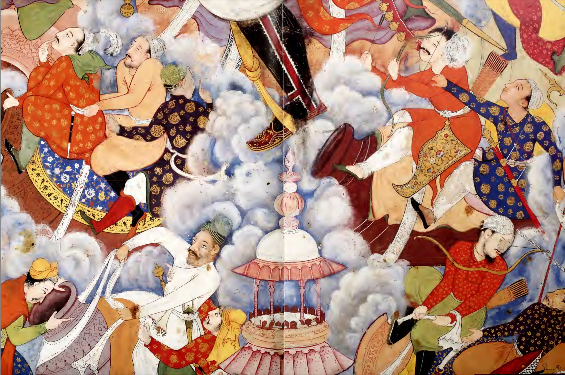 A traditional Asian painting depicting warriors in colorful attire fighting with swords and bows in a cloud-filled sky.