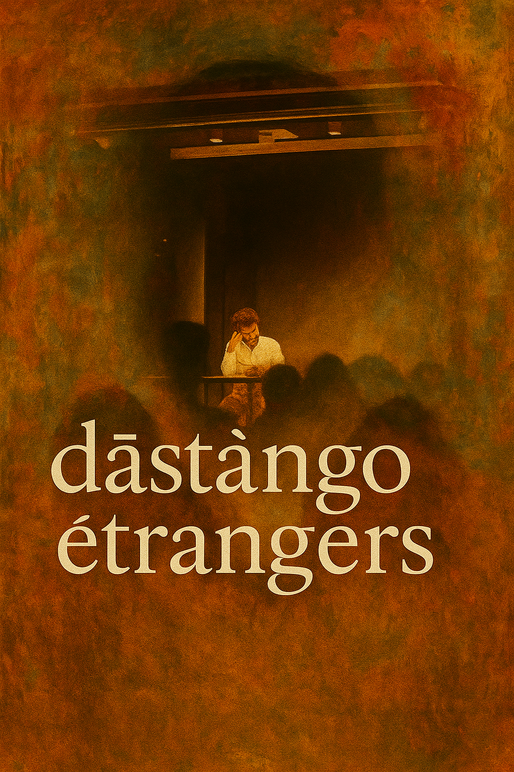 Book cover for Distant Strangers featuring an audience watching a man at a podium in a dimly lit room.