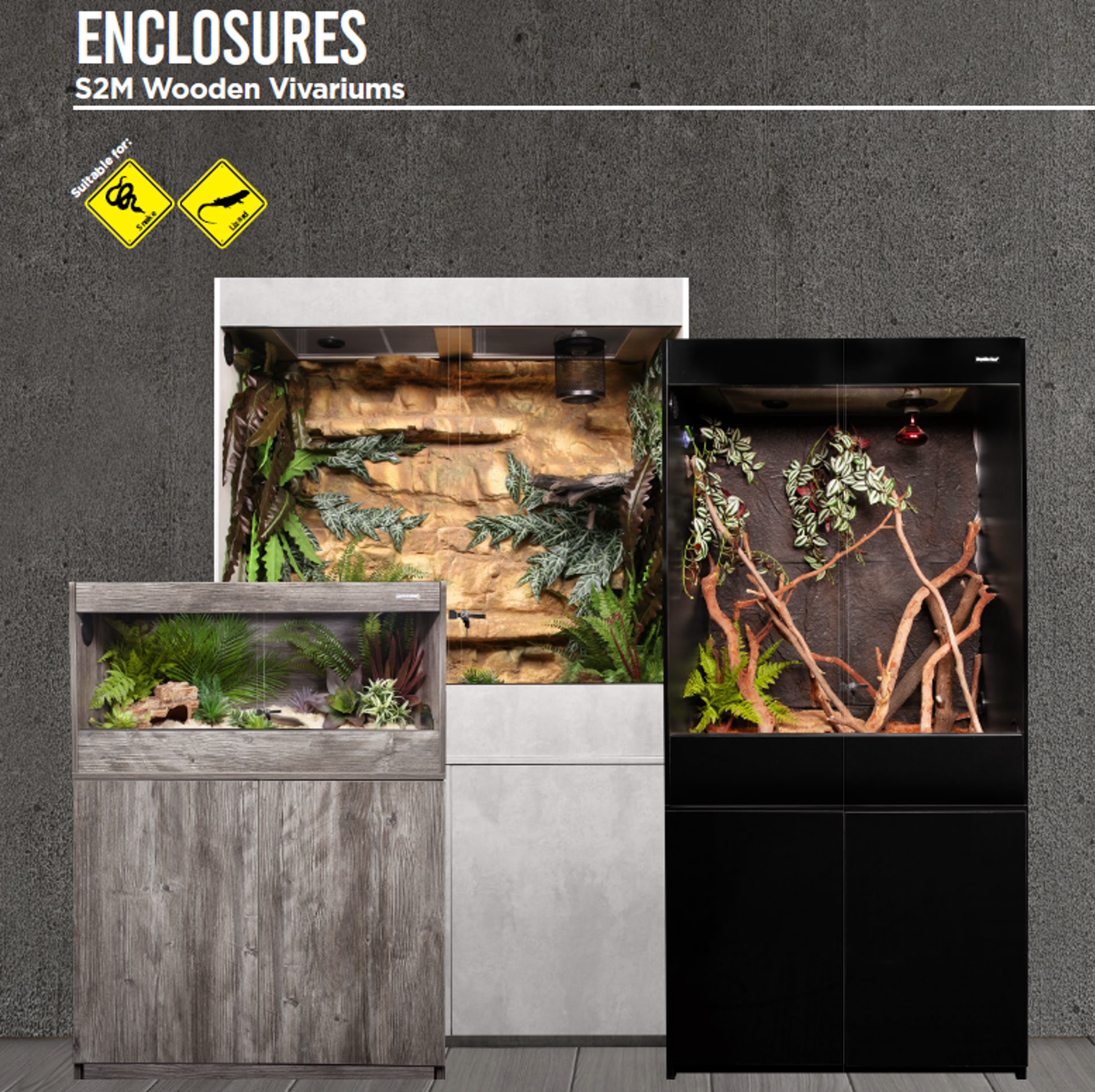 Display of three different wooden vivariums with plants and animal habitats, labeled 'Enclosures S2M Wooden Vivariums'.