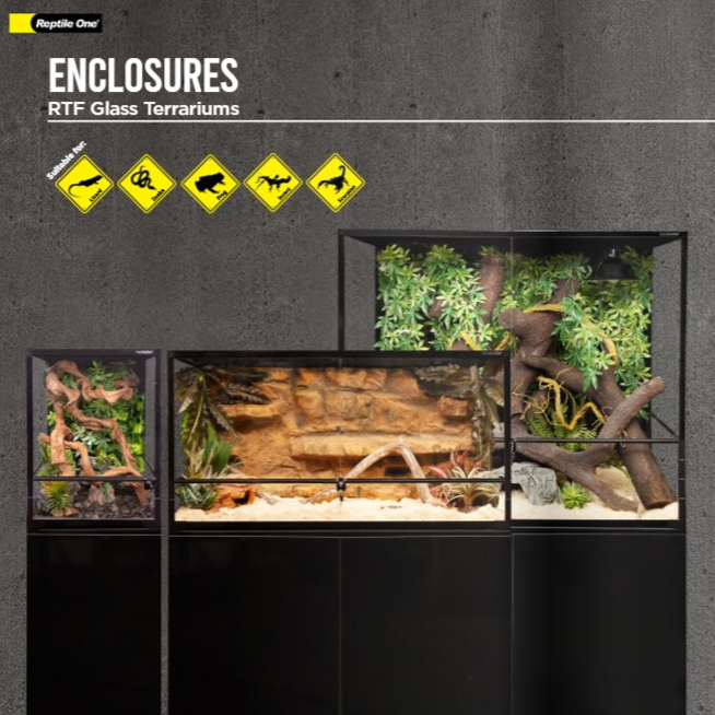 Display of reptile enclosures with plants and wood branches for terrariums, featuring a logo of Reptile One and warning signs for reptiles, snakes, and amphibians.