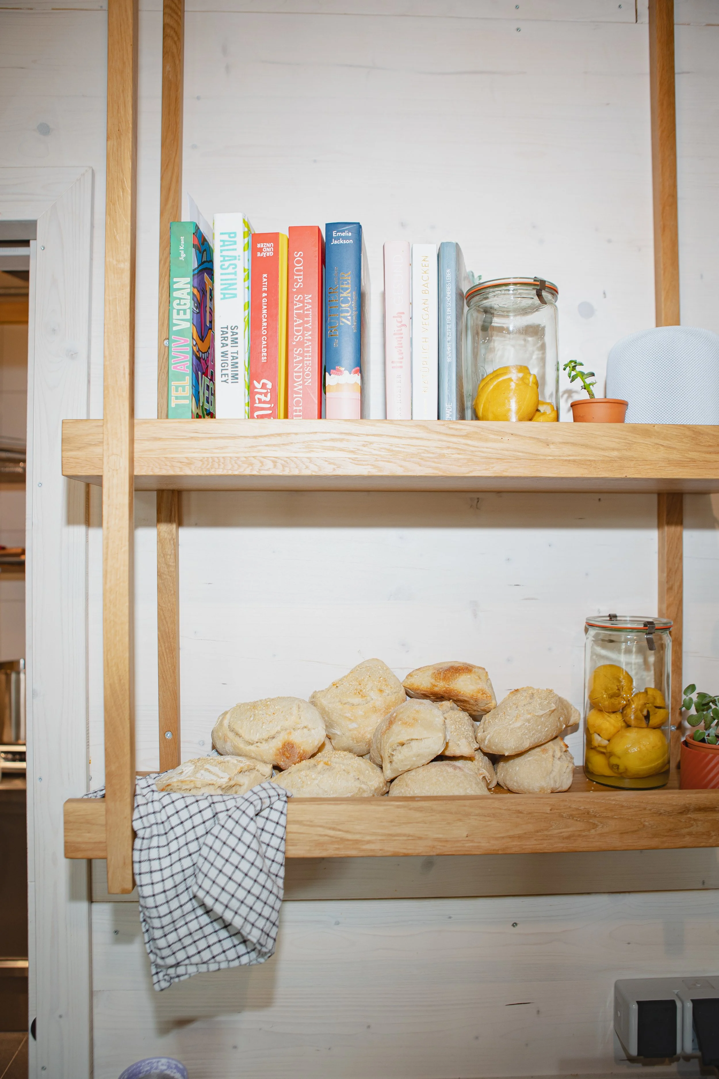 Holzregal mit Büchern, Glasgefäßen mit eingelegtem Obst, kleinen Pflanzen und Backsteinen auf Holzregalen