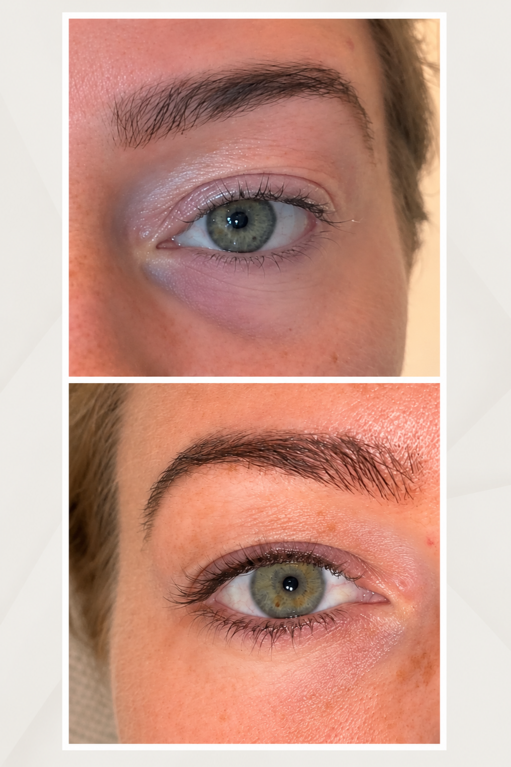 Close-up van een mensenoog vóór en na een make-over, met veranderingen in de eyeliner infralash.