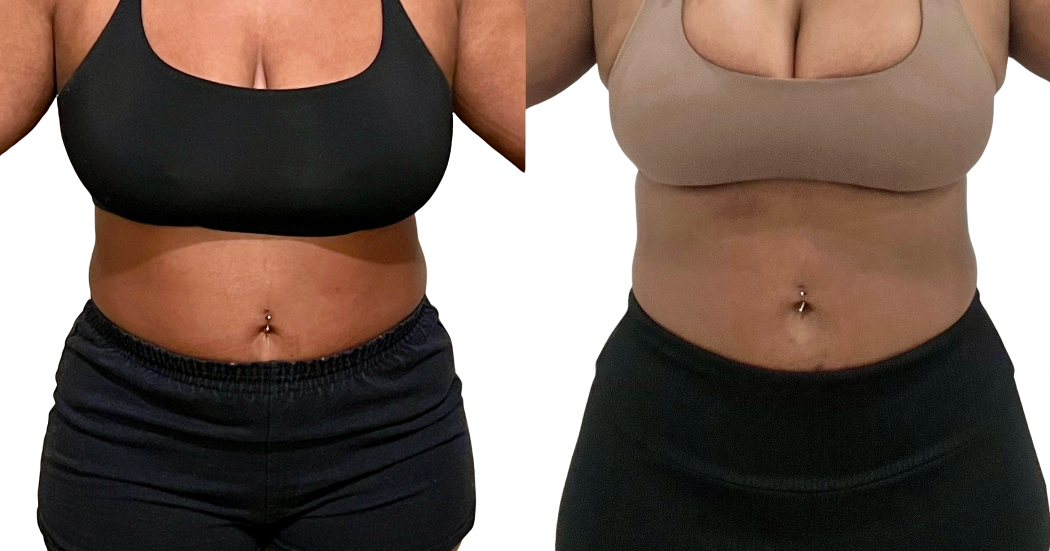 Comparison of two women's midsections showing progress in weight loss or fitness, with both wearing sports bras and black pants.
