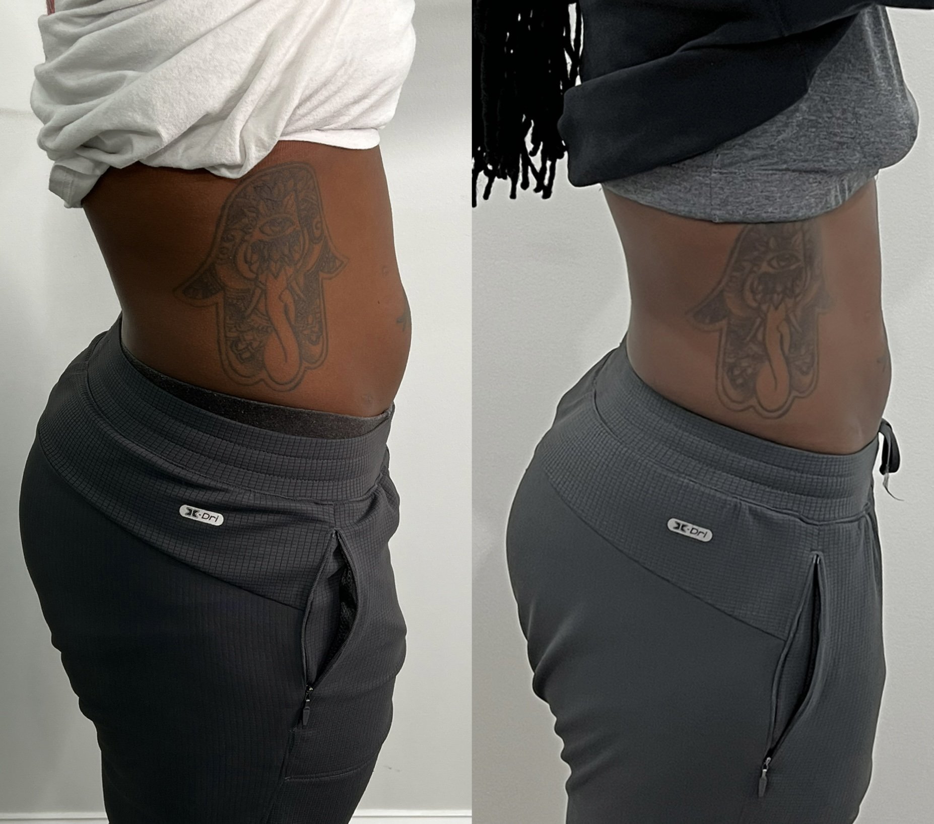 Side view of a person with a tattoo on their torso, wearing gray athletic pants and a white shirt in the left image and a black shirt in the right image.