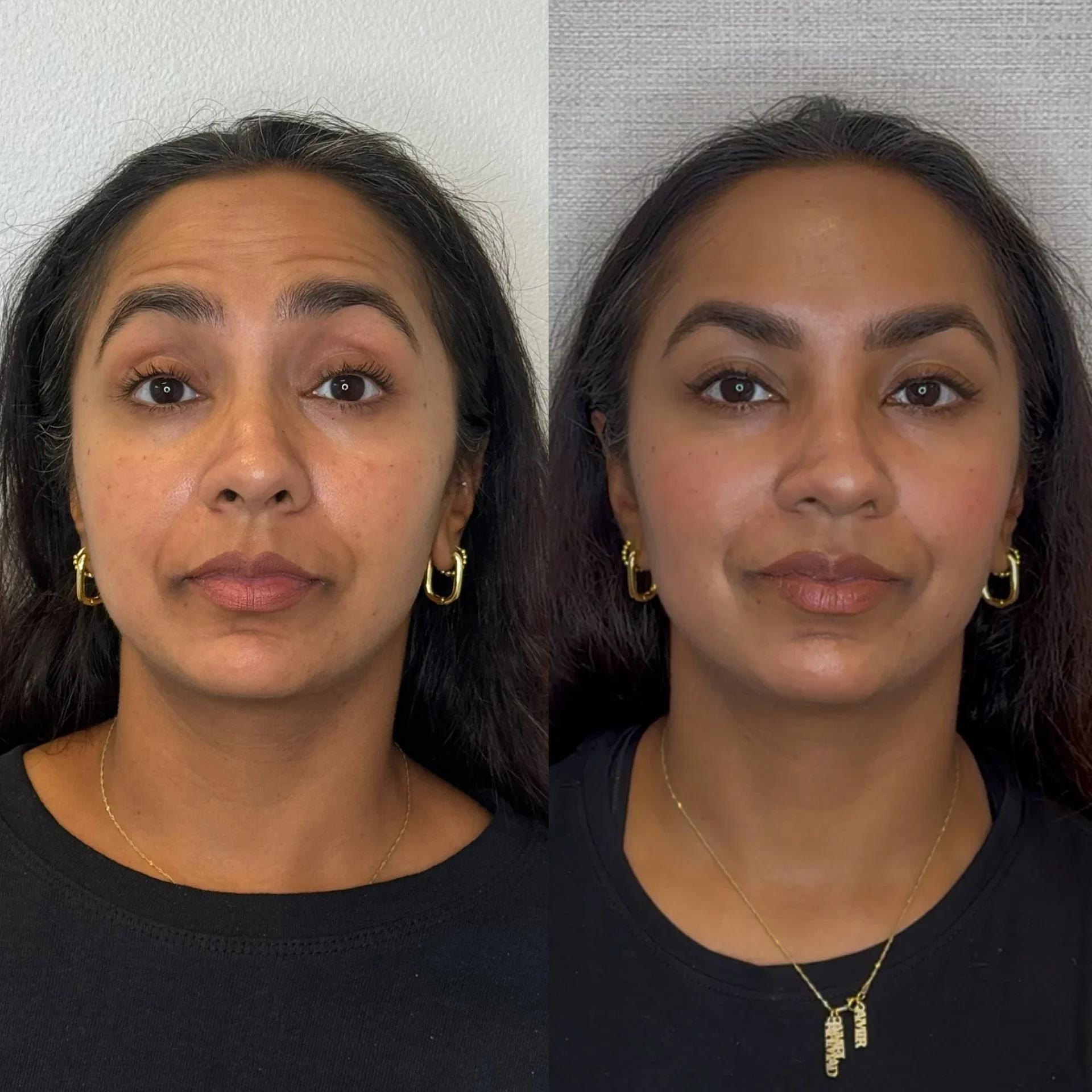 Side-by-side comparison of a woman before and after makeup application, both wearing black tops and gold jewelry, with different hair and makeup styles.