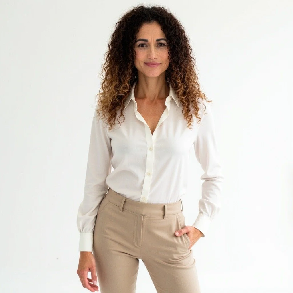 A woman with curly brown hair wearing a white button-up shirt and beige pants standing against a plain white background.