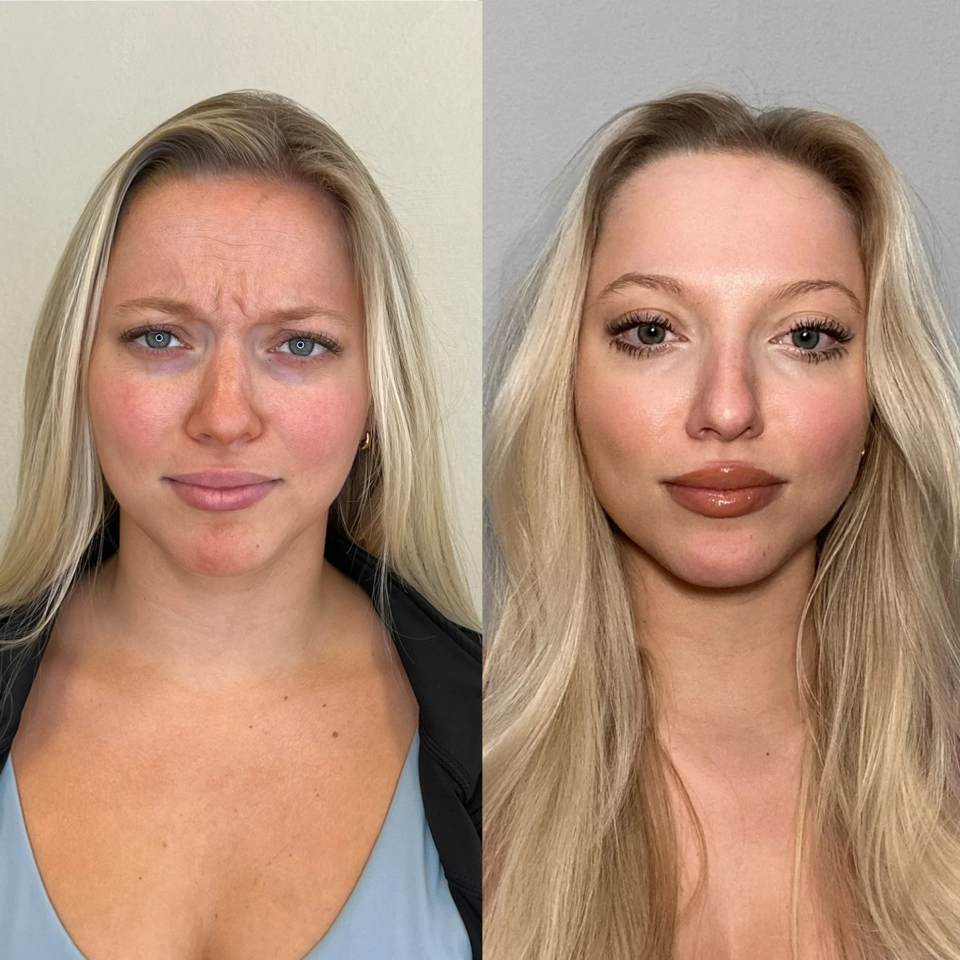 Side-by-side comparison of a woman's face, with the left showing a natural look and the right showing a glamorous look with makeup, styled hair, and enhanced features.