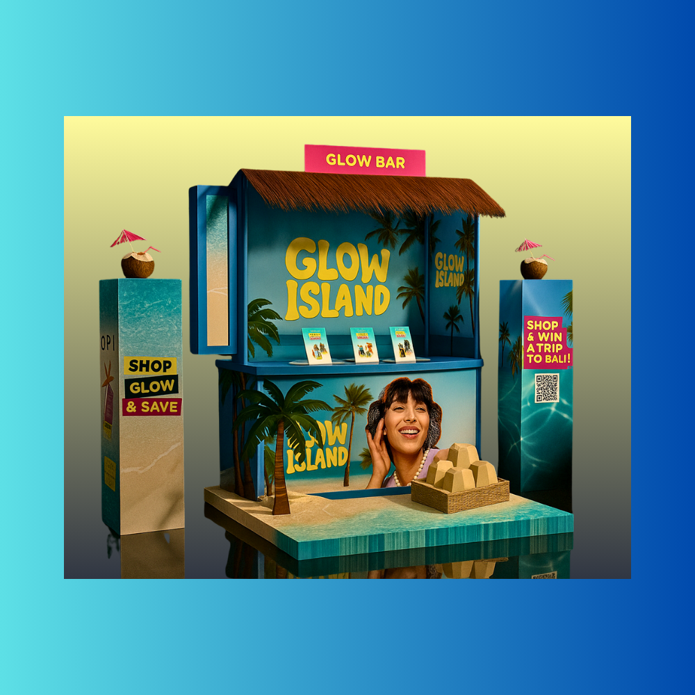 A promotional display for Glow Island, featuring beach-themed decor, a woman smiling, and signs advertising shopping and a trip to Bali, with playful tropical elements like coconuts with umbrellas and palm trees.
