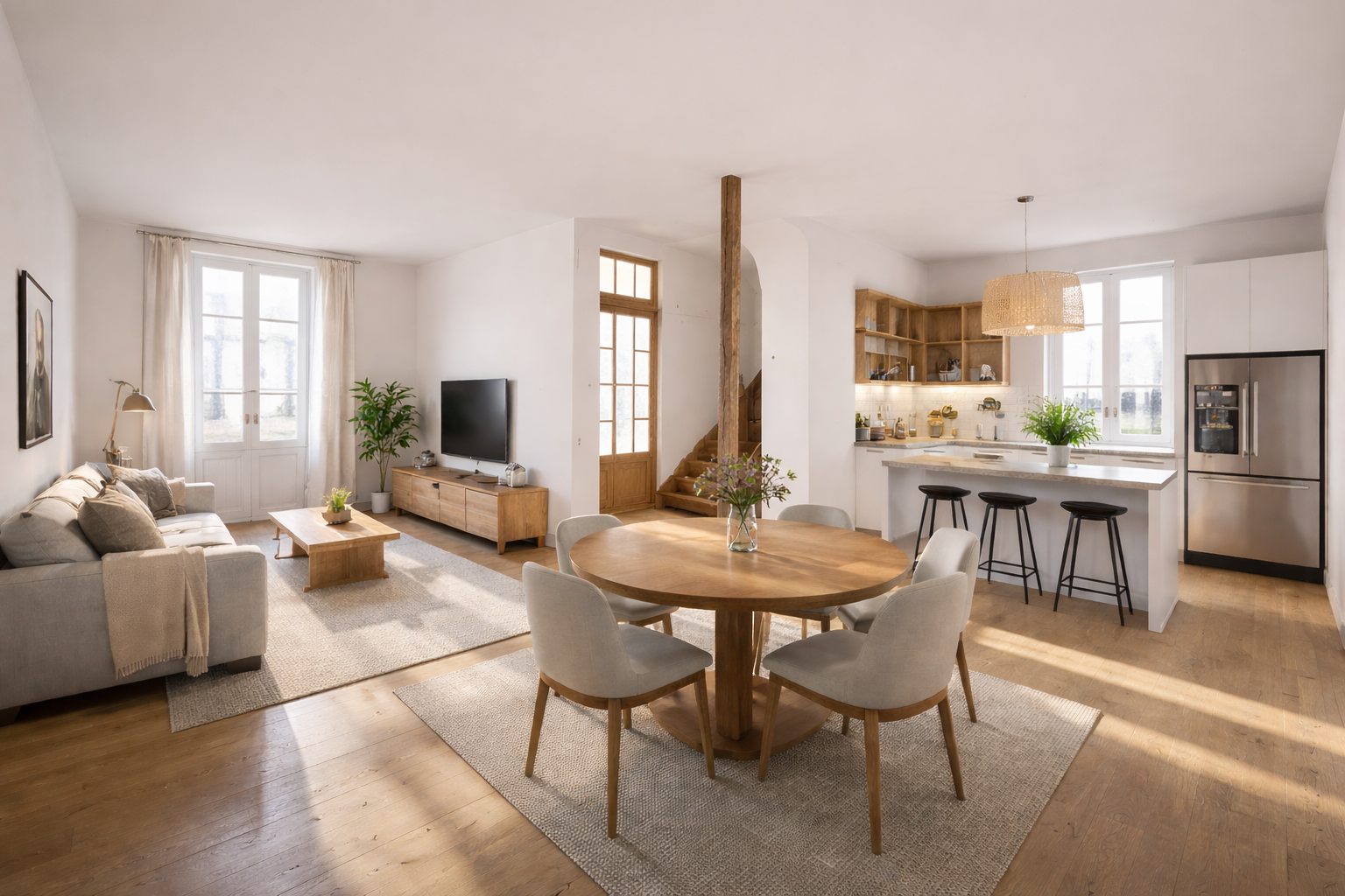 Intérieur d'une maison lumineuse avec salon, salle à manger et cuisine ouverts dans un style moderne et épuré.