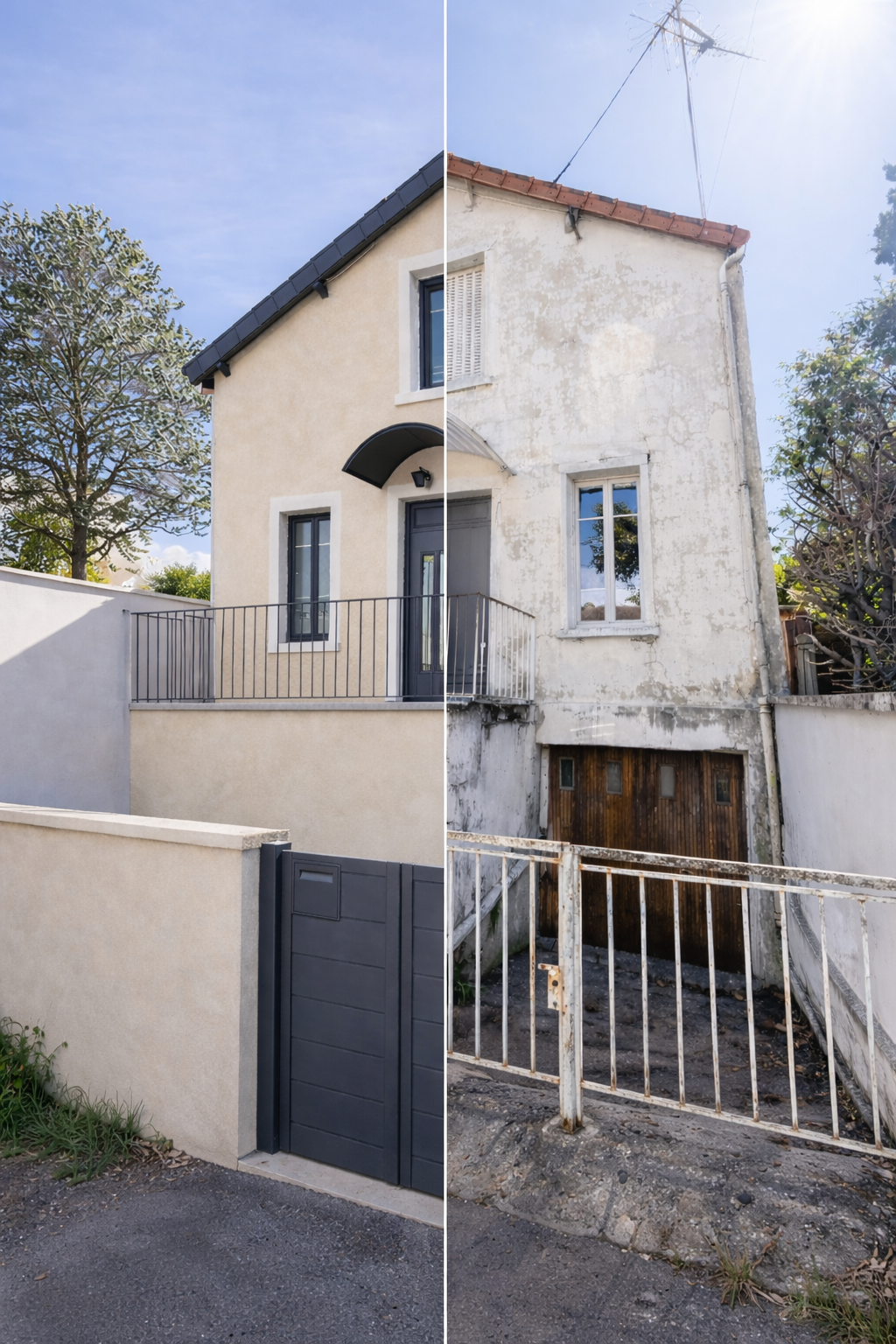 Côté maison rénovée à gauche avec façade neuve, côté maison ancienne à droite avec murs usés et dégradés, porte en bois au sous-sol, clôture en métal, arbre feuillu, ciel clair avec quelques nuages.