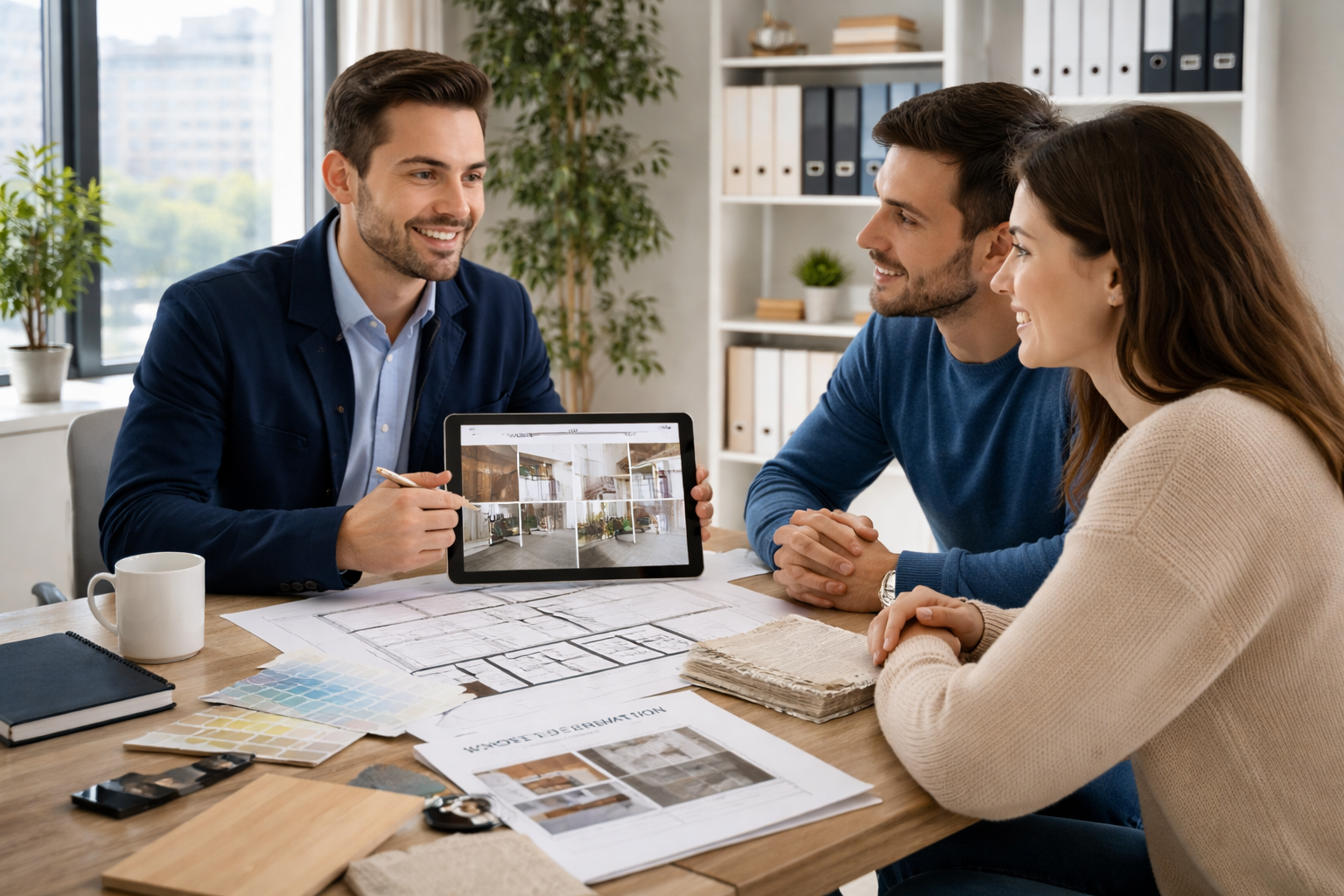 Un groupe de trois personnes lors d'une réunion en intérieur, deux hommes et une femme, discutant autour d'une table avec des plans, des échantillons de couleurs et une tablette.