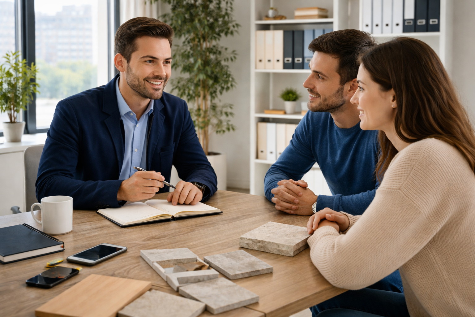 Trois personnes en discussion lors d'une réunion dans un bureau, avec des échantillons de matériaux sur la table.
