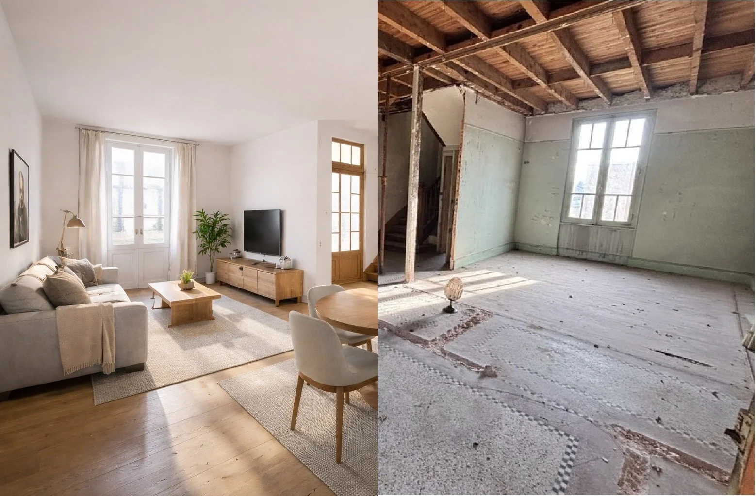 Côté gauche : salon moderne et lumineux avec canapé beige, table basse en bois, télévision, fenêtre avec rideaux blancs, plante verte, sol en bois clair. Côté droit : pièce en rénovation avec vieux plancher, murs en cours de décapage, fenêtre, plafond à poutres en bois visible, espace vide et en chantier.