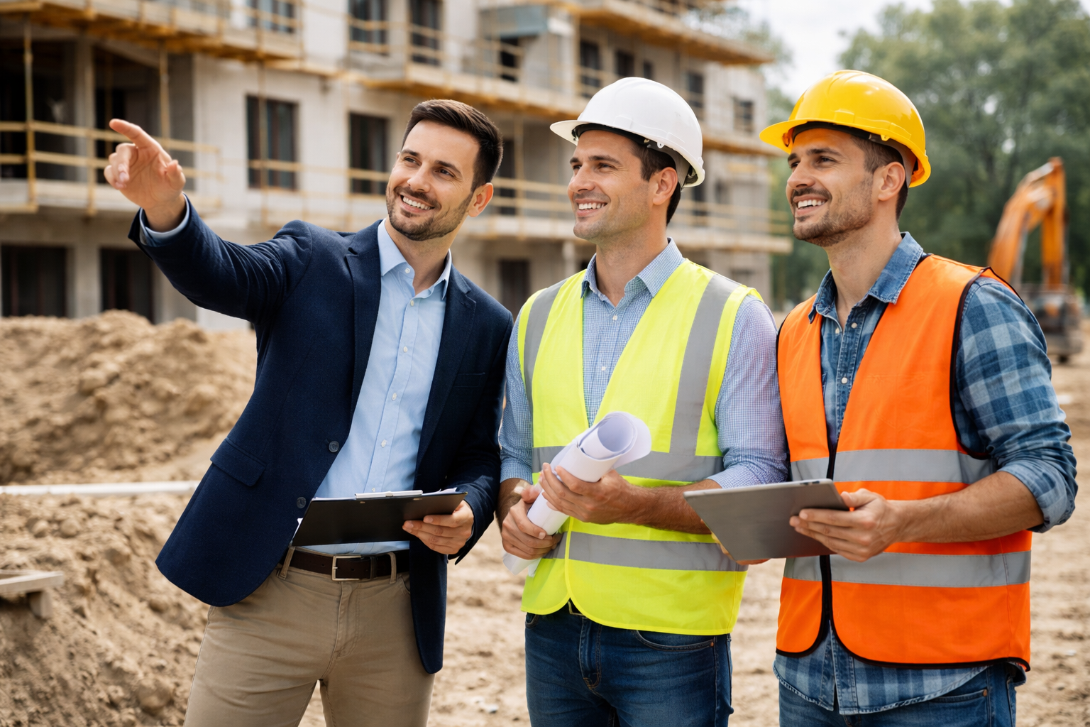 Trois hommes portant des casques de chantier et des vestes de sécurité discutent sur un site de construction, avec un bâtiment en construction en arrière-plan.