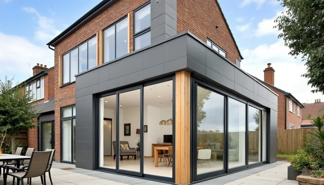 Extension en verre d'une maison résidentielle moderne avec portes vitrées coulissantes, plancher en béton, mobilier d'intérieur visible, arbres et maison en arrière-plan.