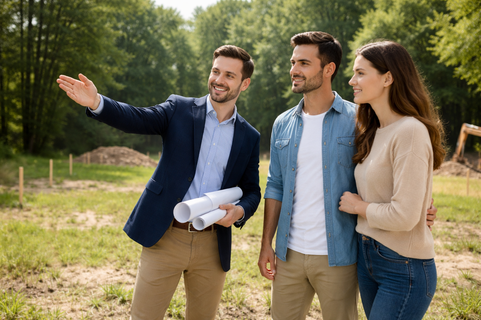 Trois personnes discutent dans un terrain en construction, avec un homme en costume expliquant quelque chose à un homme et une femme.