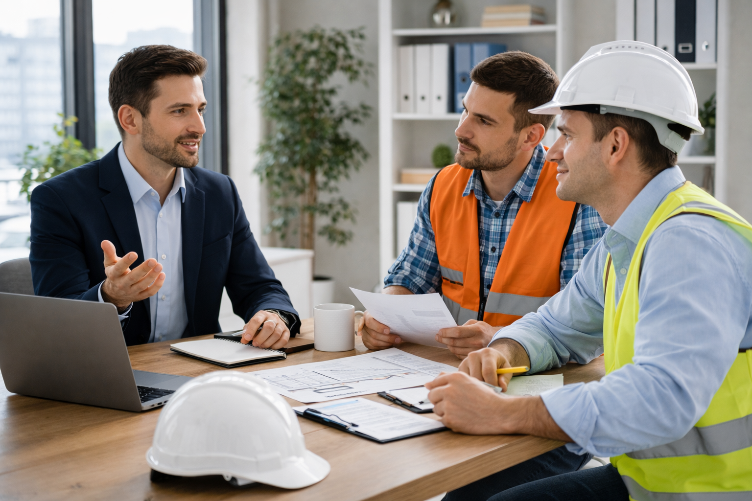 Trois hommes en tenue de chantier assis autour d'une table, discutent lors d'une réunion dans un bureau, avec des plans et un ordinateur portable, en arrière-plan une étagère avec des dossiers et des plantes.