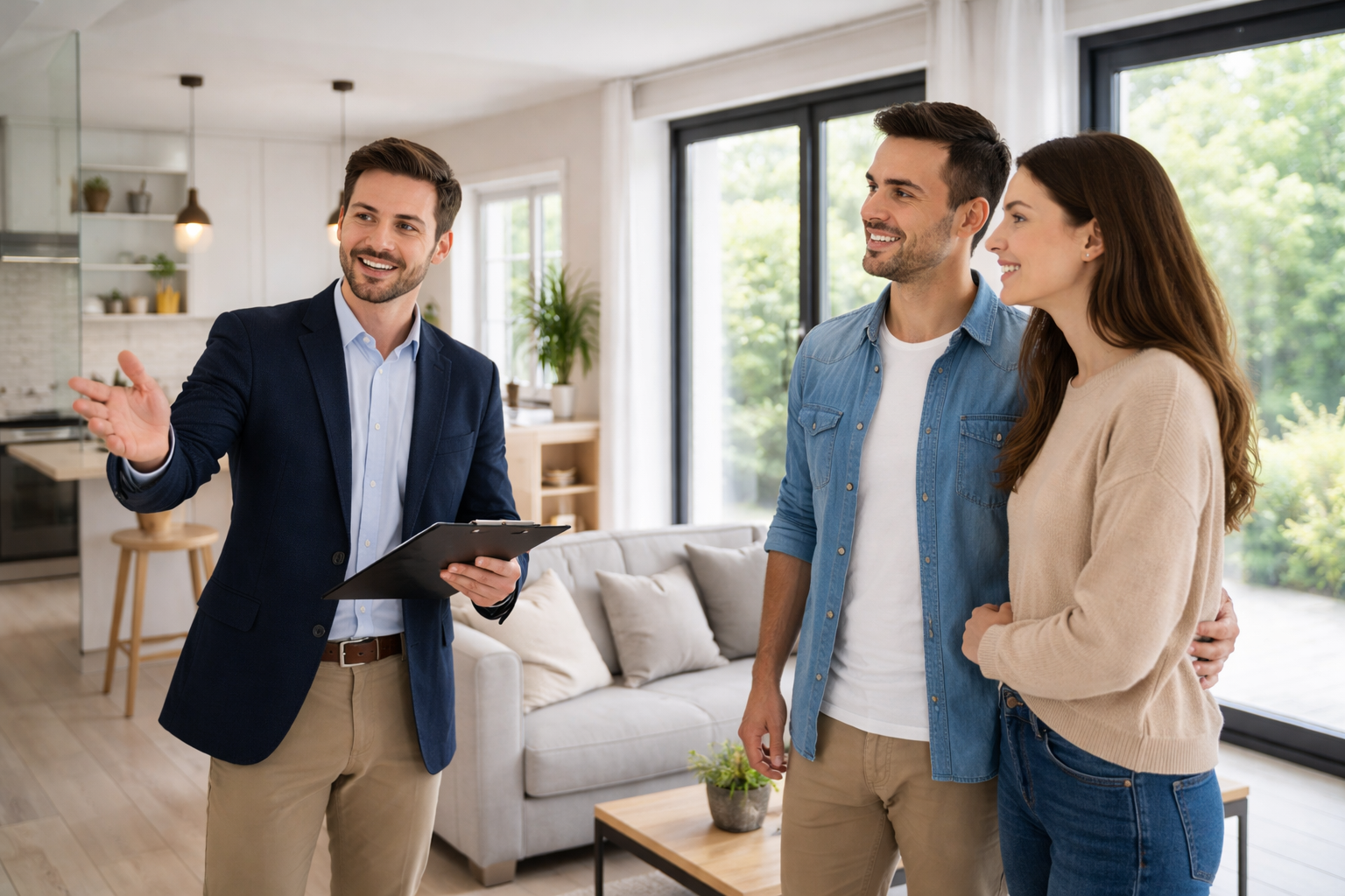 Un agent immobilier parlant à un couple dans un salon moderne et lumineux.