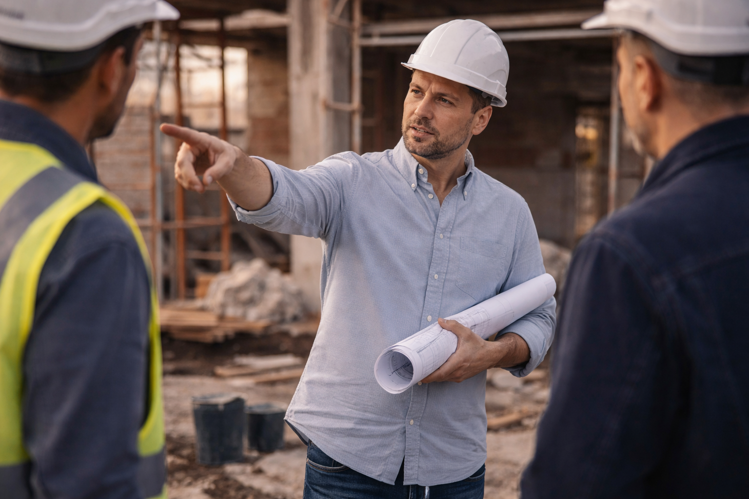 Un homme portant un casque de chantier, tenant des plans, donne des instructions à deux autres hommes sur un site de construction.