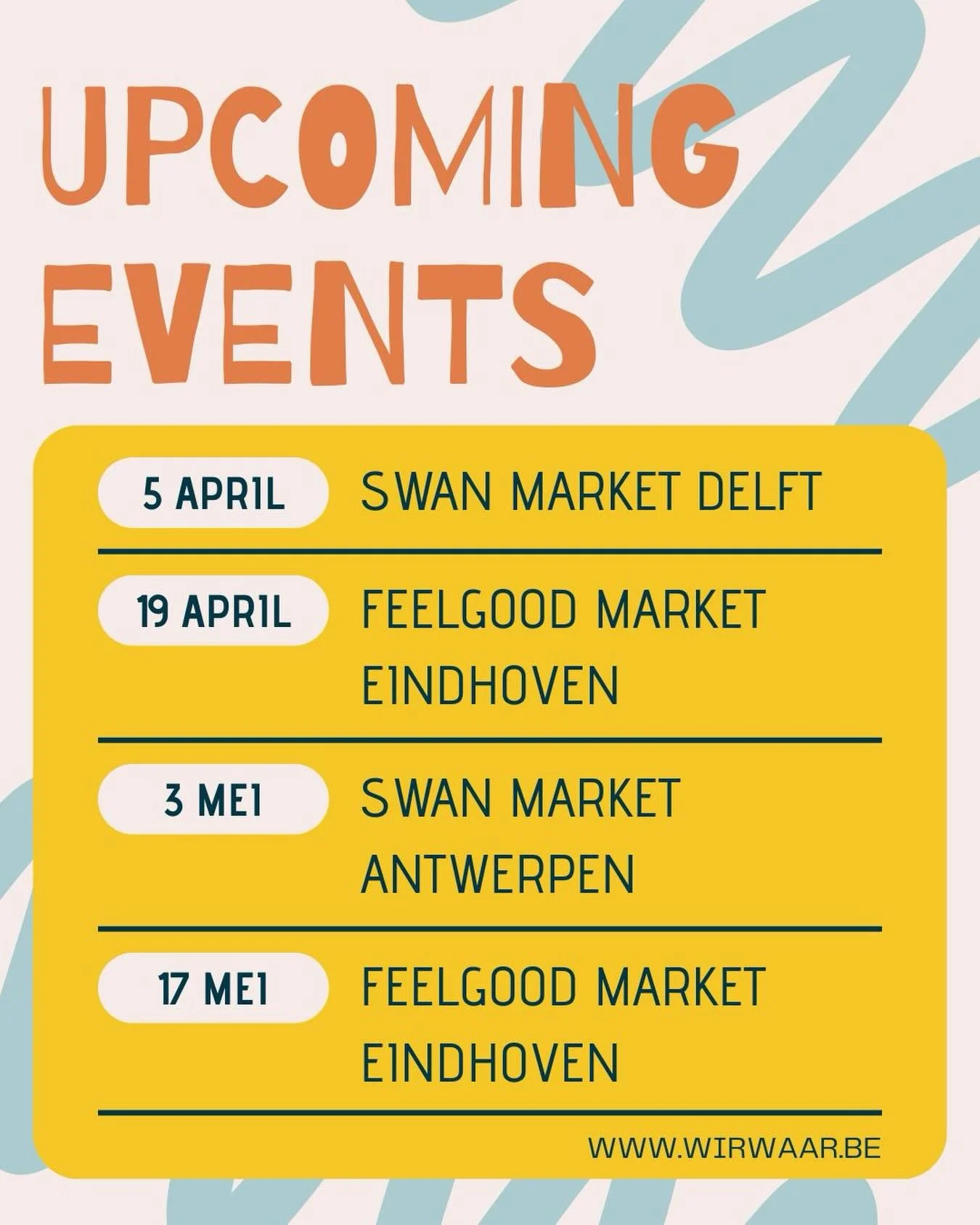 ✨UPCOMING EVENTS✨

We zijn er weer bij deze lente 🌿
Kom langs, ontdek de nieuwe stuks of kom gewoon eens hallo zeggen 💛

📍5 april - Delft
📍19 april - Eindhoven 
📍3 mei - Antwerpen
📍17 mei - Eindhoven 

Tot snel? 👀

#market #handmade #feelgood 