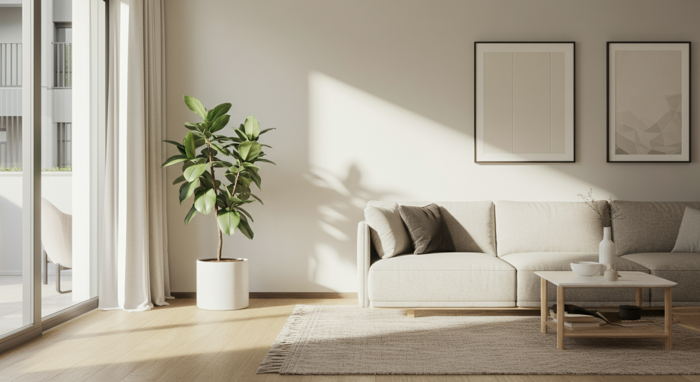 Living room with a beige sofa, a large potted plant, a coffee table with bowls and decorative items, framed artwork on the wall, and sunlight streaming in through glass doors.