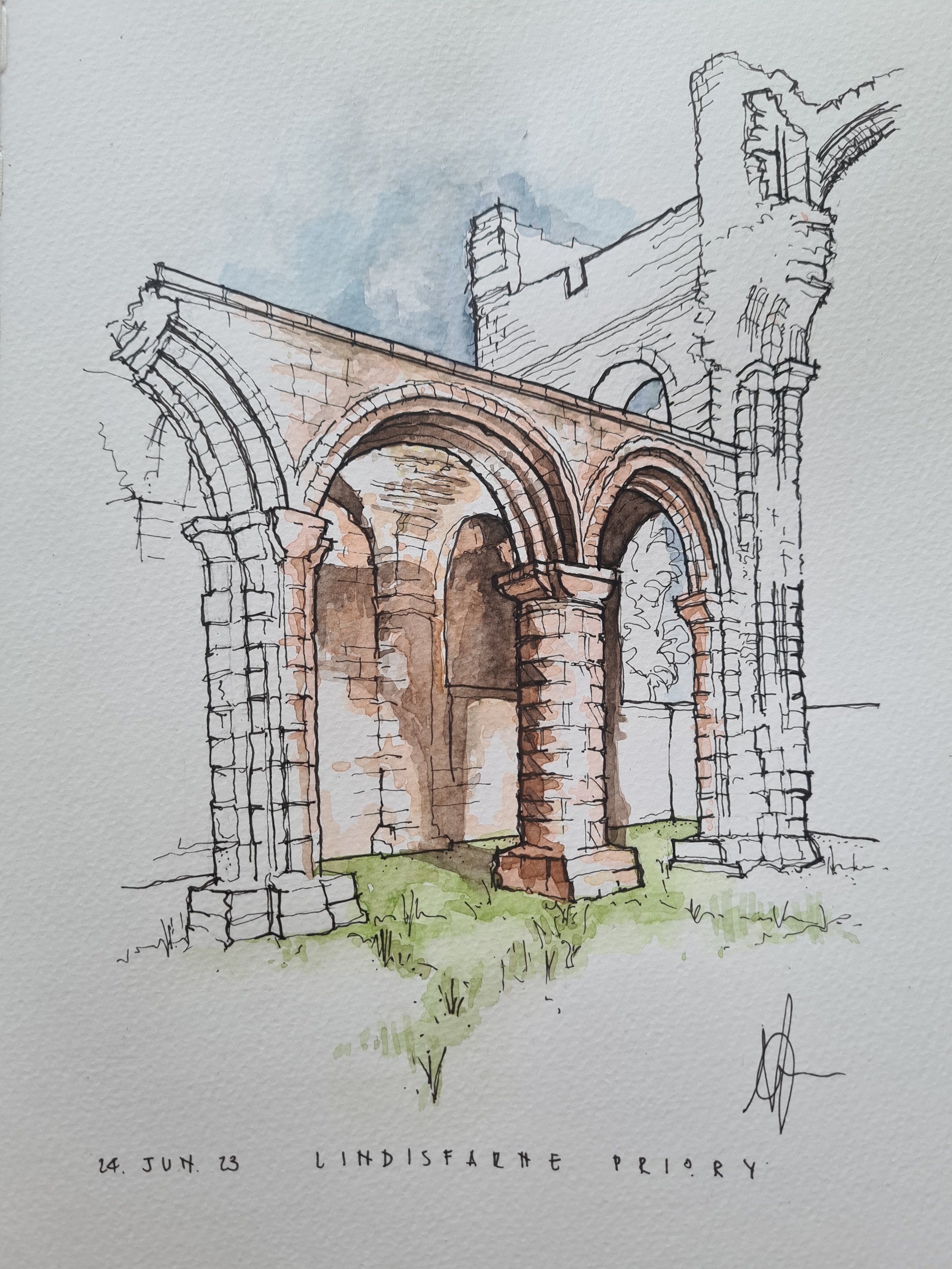 Watercolor and ink sketch of historic stone ruins with arches and columns, with a blue sky background and green grass in the foreground, labeled '14. Jun. 23 Lindisfarne Priory'.