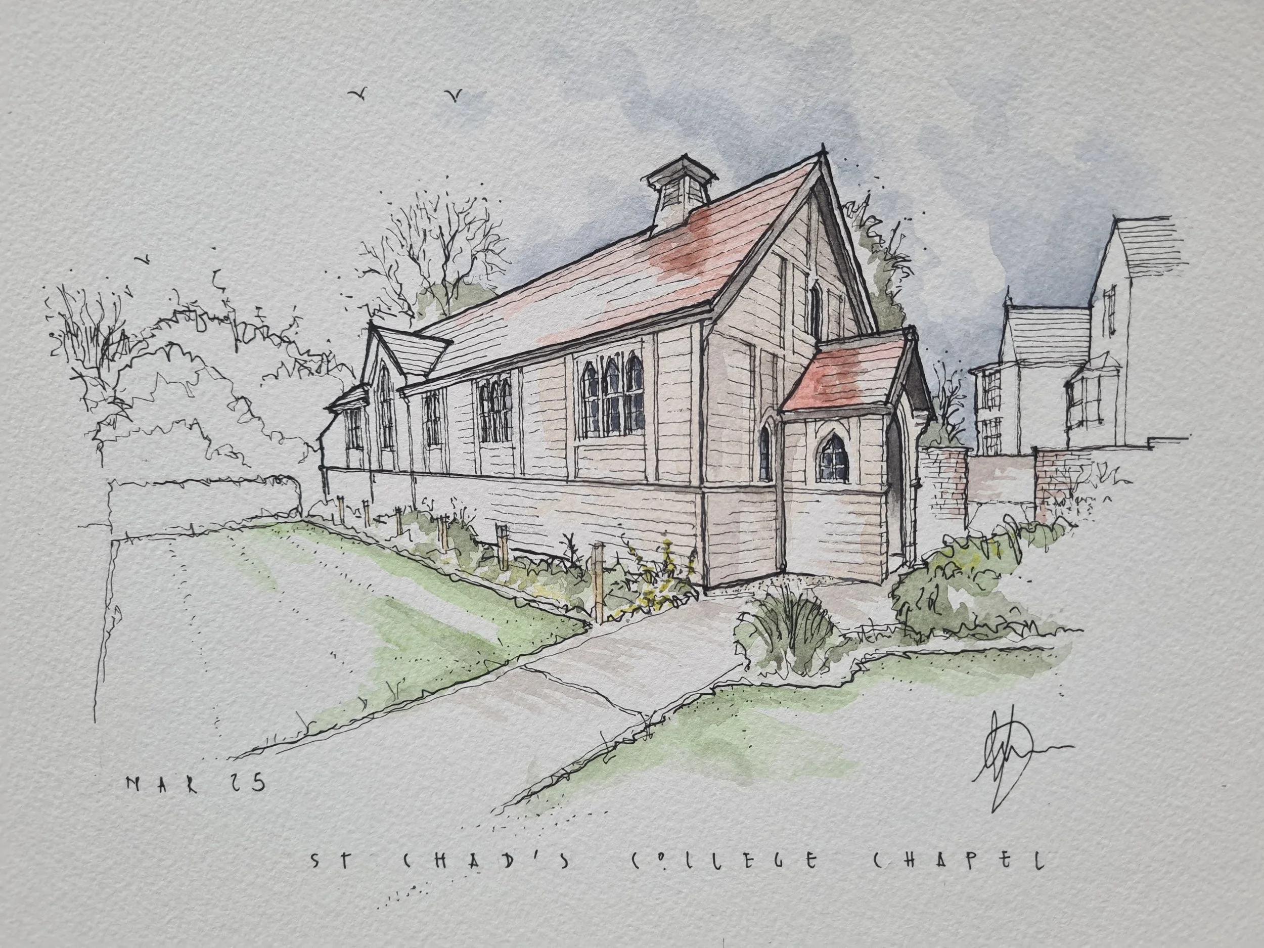 A watercolor illustration of St. Chad's College Chapel, featuring a traditional church building with a red-tiled roof, pointed arch windows, and a small side entrance, surrounded by trees and a pathway.