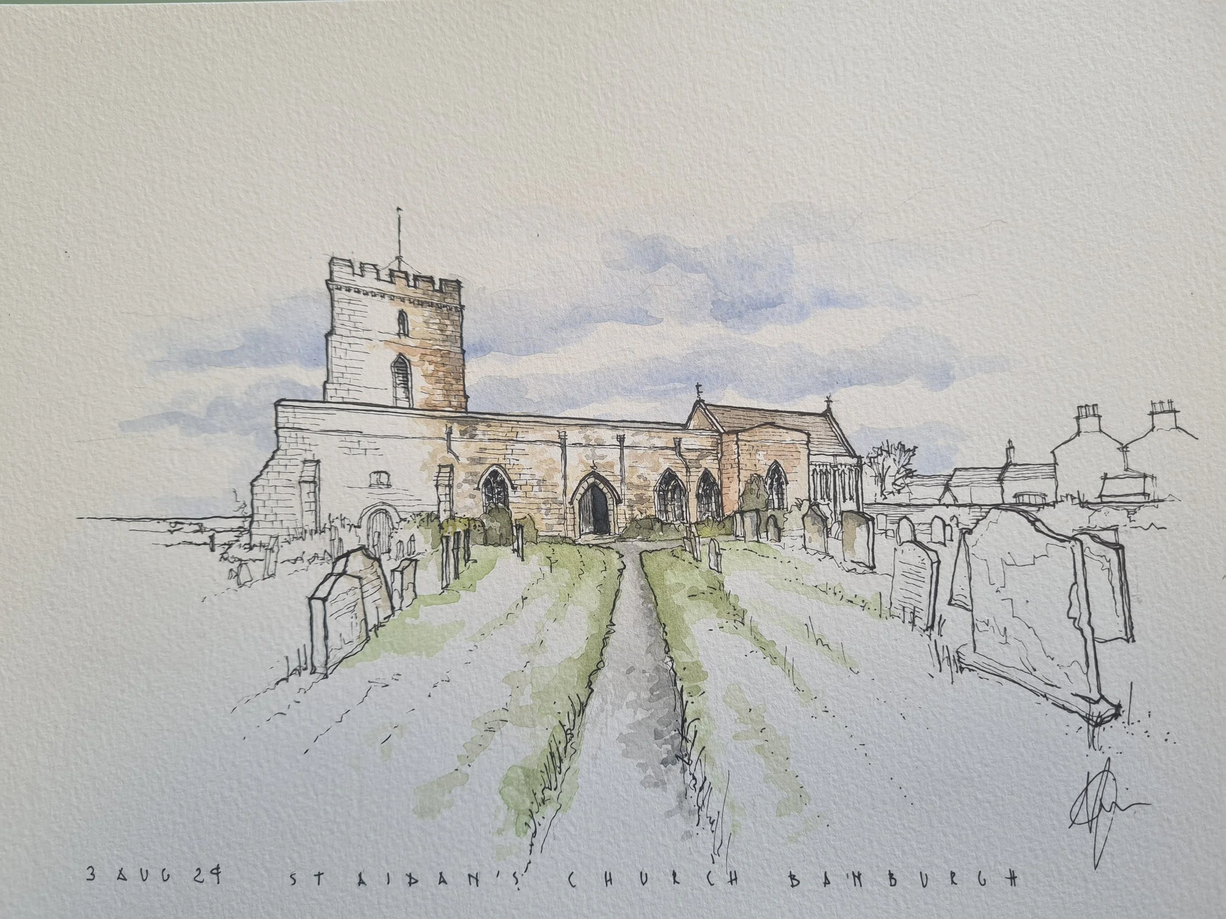 A watercolor illustration of Saint Andrew's Church in Bamburgh, showing a stone church with a tower, graveyard, and a path leading to the church, under a partly cloudy sky.