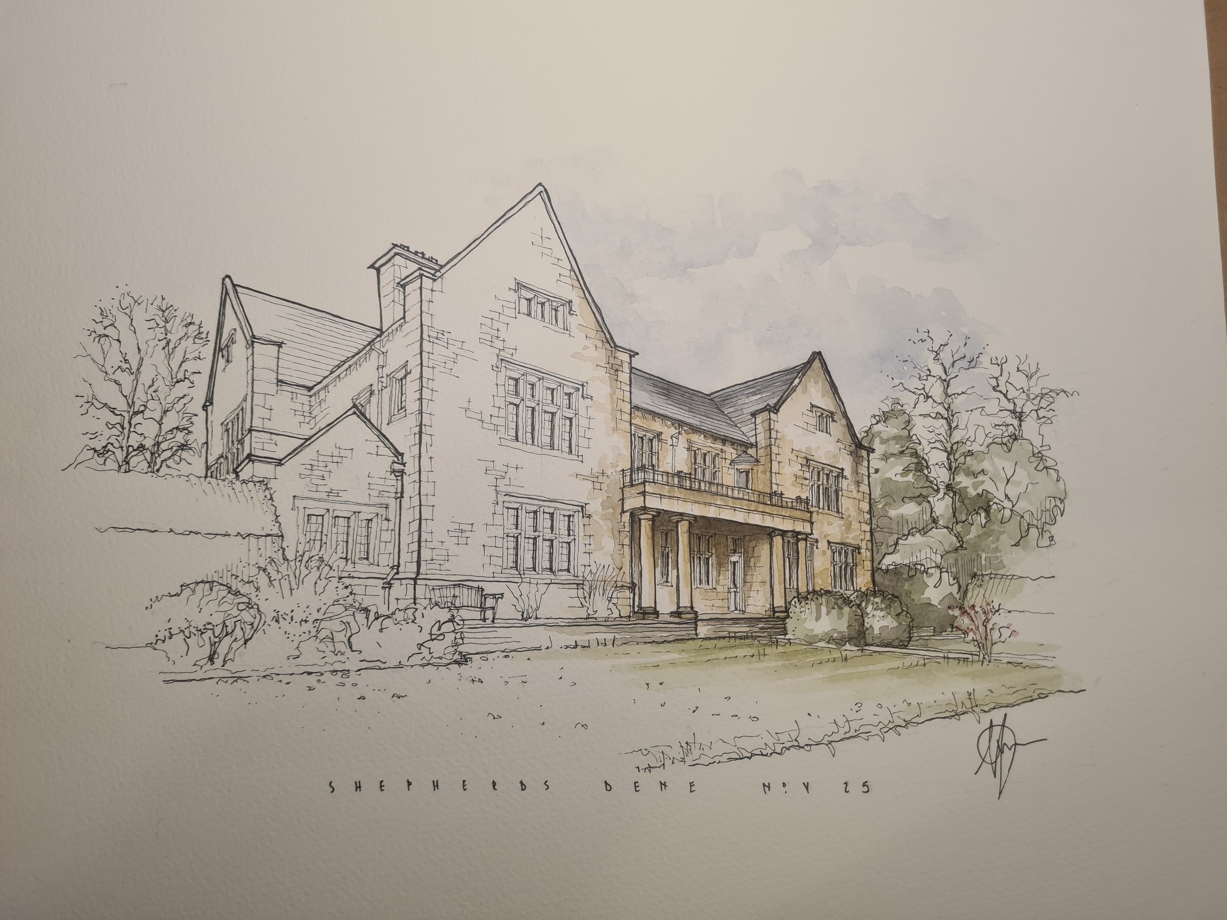 A detailed architectural sketch of a large house with multiple gables, columns, and windows, surrounded by trees and shrubs.